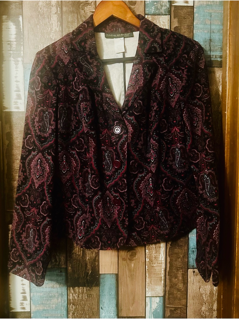 Harve Benard Burgundy and Black Paisley Velvet Button-Front Blazer